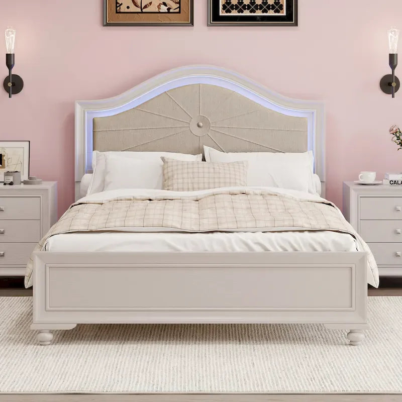 Modern Queen Size Wood Bed with Hidden LED Light Upholstered Curved Headboard, No Box Spring Needed, Cream Grey