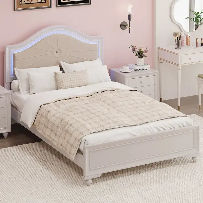 Modern Queen Size Wood Bed with Hidden LED Light Upholstered Curved Headboard, No Box Spring Needed, Cream Grey