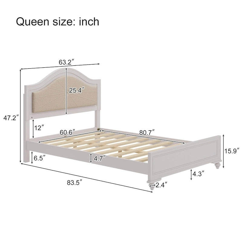 Modern Queen Size Wood Bed with Hidden LED Light Upholstered Curved Headboard, No Box Spring Needed, Cream Grey