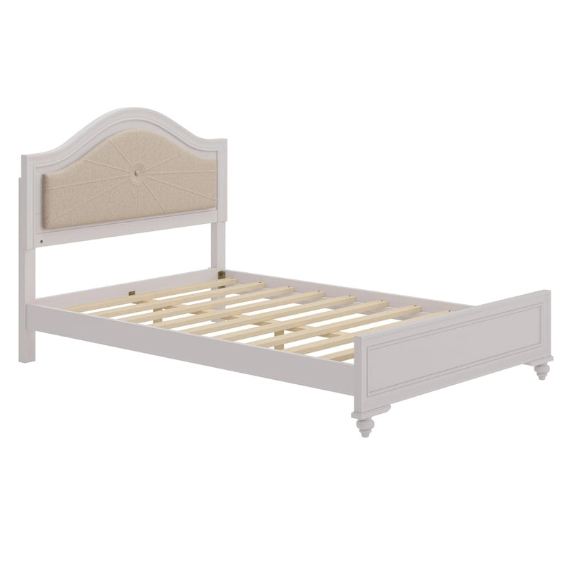 Modern Queen Size Wood Bed with Hidden LED Light Upholstered Curved Headboard, No Box Spring Needed, Cream Grey