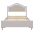 Modern Queen Size Wood Bed with Hidden LED Light Upholstered Curved Headboard, No Box Spring Needed, Cream Grey