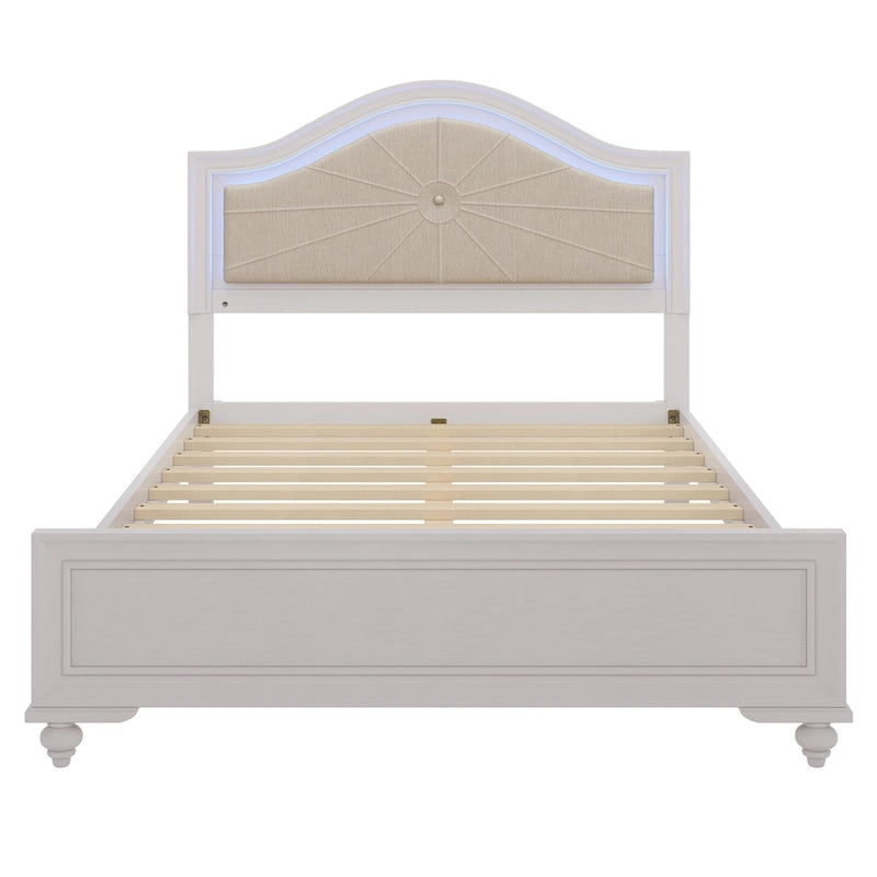 Modern Queen Size Wood Bed with Hidden LED Light Upholstered Curved Headboard, No Box Spring Needed, Cream Grey