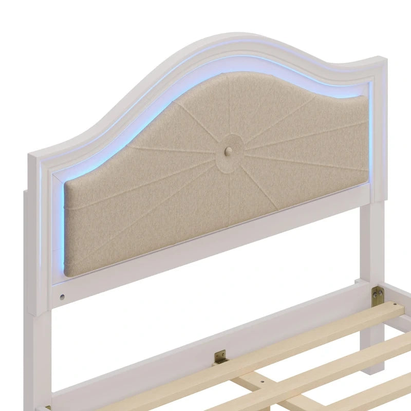 Modern Queen Size Wood Bed with Hidden LED Light Upholstered Curved Headboard, No Box Spring Needed, Cream Grey