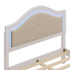 Modern Queen Size Wood Bed with Hidden LED Light Upholstered Curved Headboard, No Box Spring Needed, Cream Grey