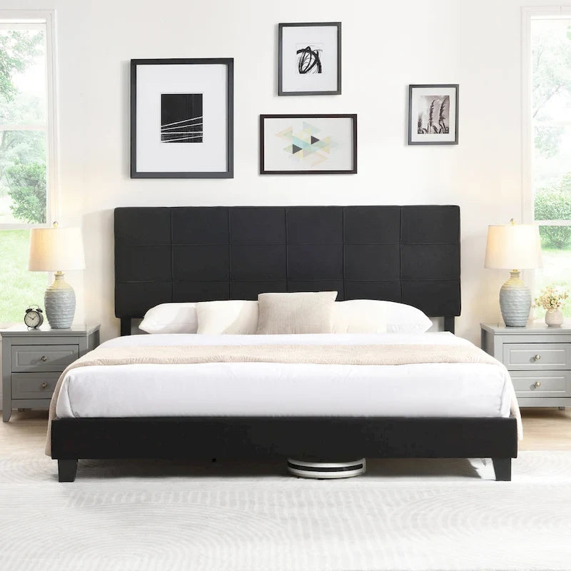 Black Linen King Size Upholstered Platform Bed Frame with Button Tufted Headboard, Wood Slat Support, No Box Spring Needed