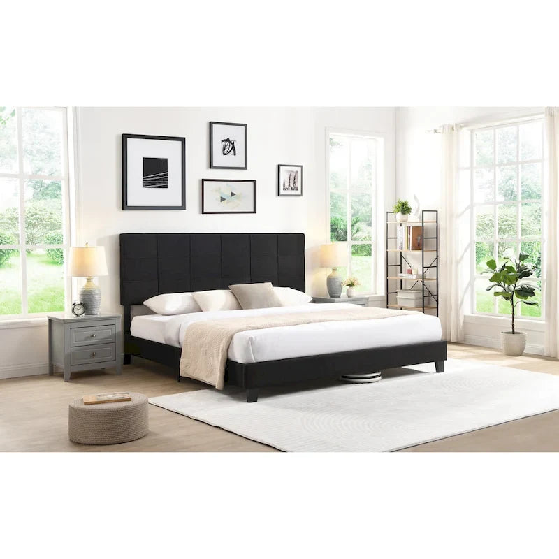 Black Linen King Size Upholstered Platform Bed Frame with Button Tufted Headboard, Wood Slat Support, No Box Spring Needed