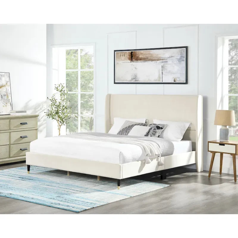Beige King Size Style Platform Bed with Wingback Velvet Headboard