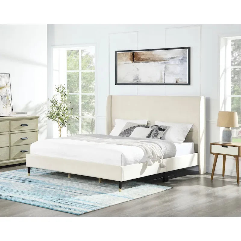 Beige King Size Style Platform Bed with Wingback Velvet Headboard