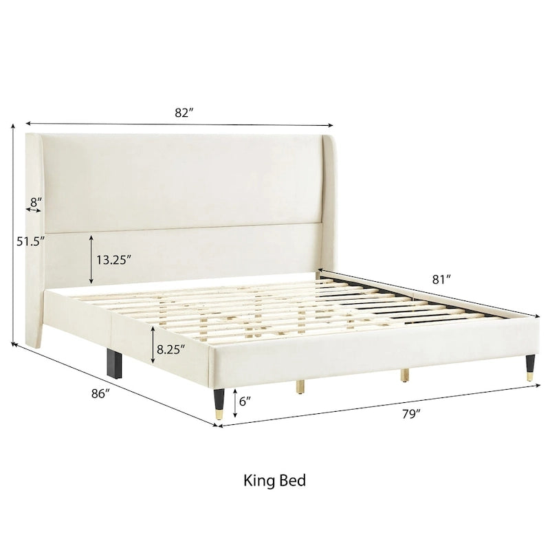 Beige King Size Style Platform Bed with Wingback Velvet Headboard
