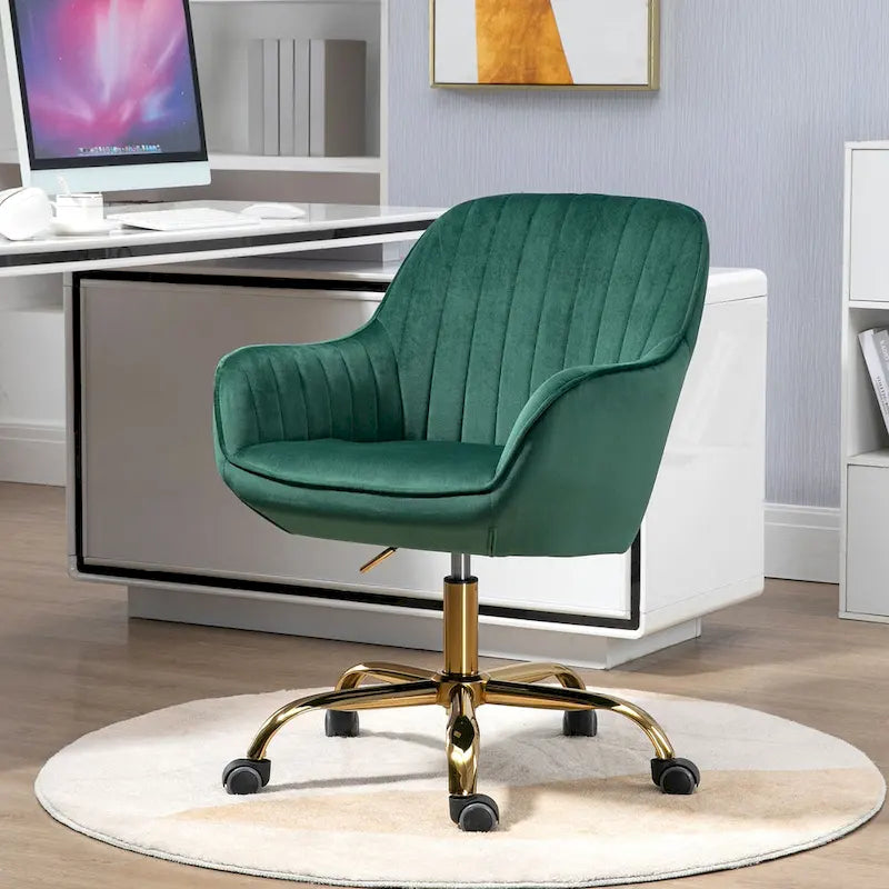 Green Velvet Swivel Chair With High Back, Adjustable Working Chair With Gold Base