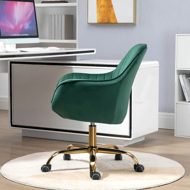 Green Velvet Swivel Chair With High Back, Adjustable Working Chair With Gold Base