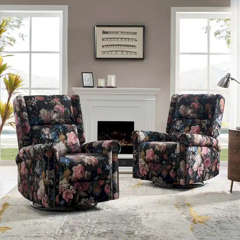 Leopold Transitional Floral Print Manual Swivel Rocking Recliner with Nailhead Trims Set of 2 by HULALA HOME