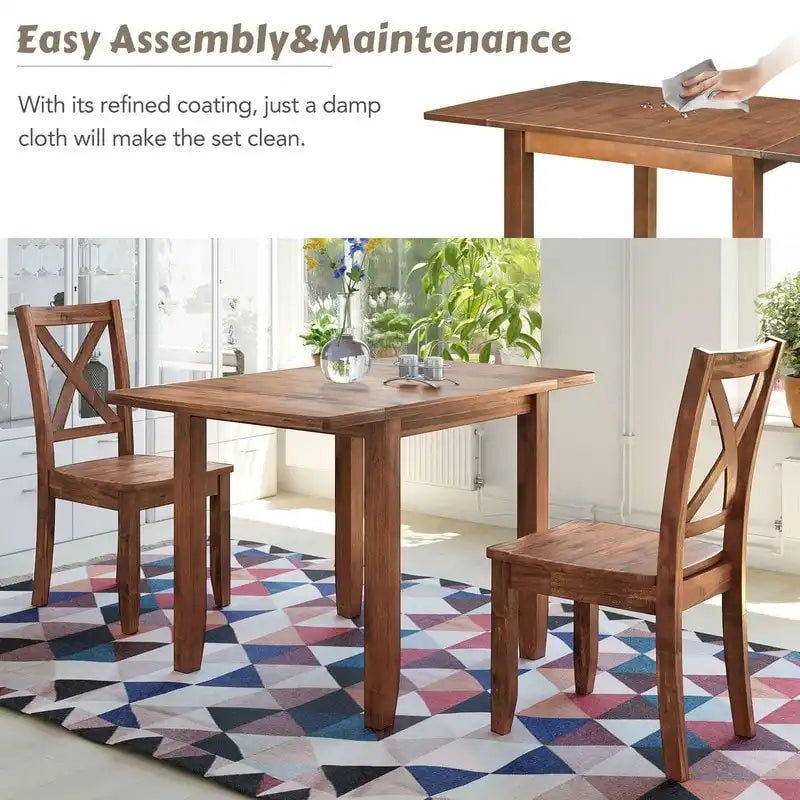 3-Piece Wood Drop Leaf Breakfast Nook Dining Table Set with 2 X-back Chairs for Small Places