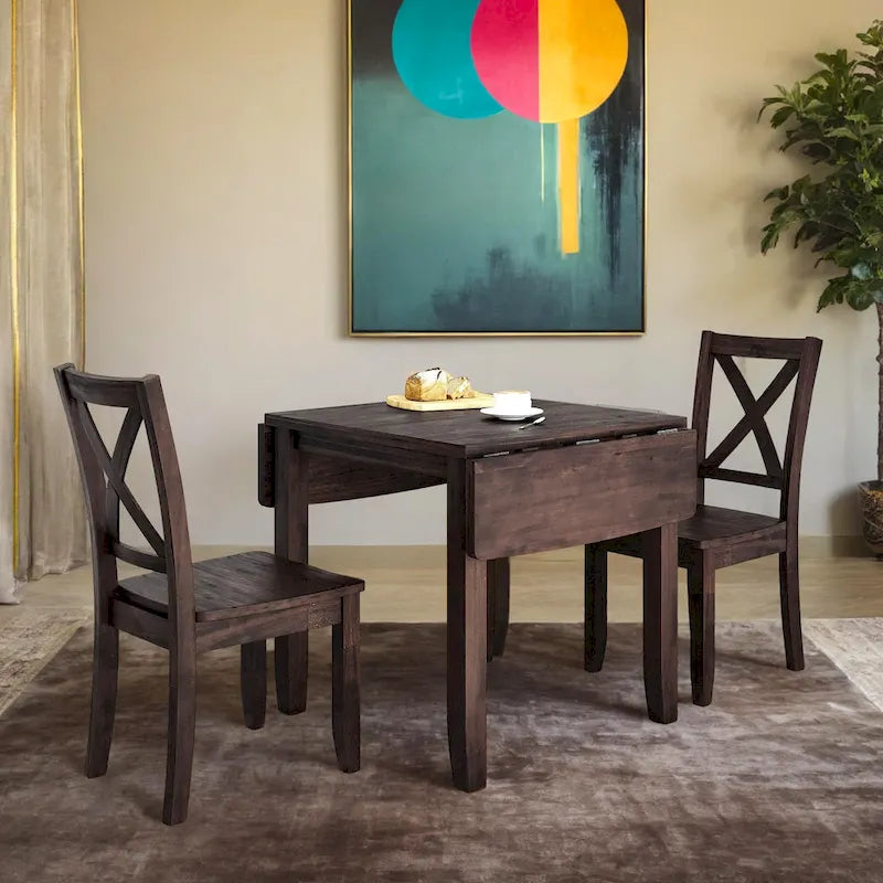 3-Piece Wood Drop Leaf Breakfast Nook Dining Table Set with 2 X-back Chairs for Small Places