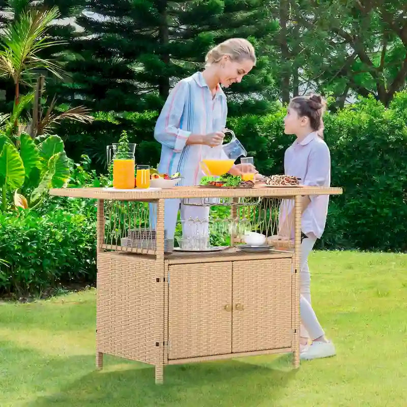 Moasis Outdoor Storage Cabinet Patio Wicker Bar Counter Backyard Furniture w/Plastic Wood Tabletop - 50.4L x20.9W x 33.9H