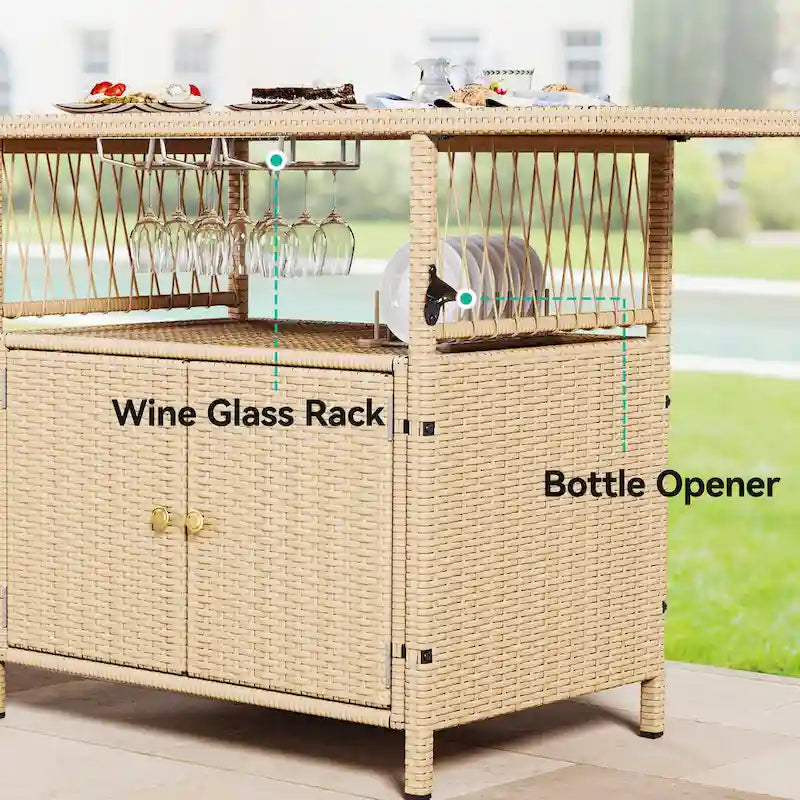 Moasis Outdoor Storage Cabinet Patio Wicker Bar Counter Backyard Furniture w/Plastic Wood Tabletop - 50.4L x20.9W x 33.9H