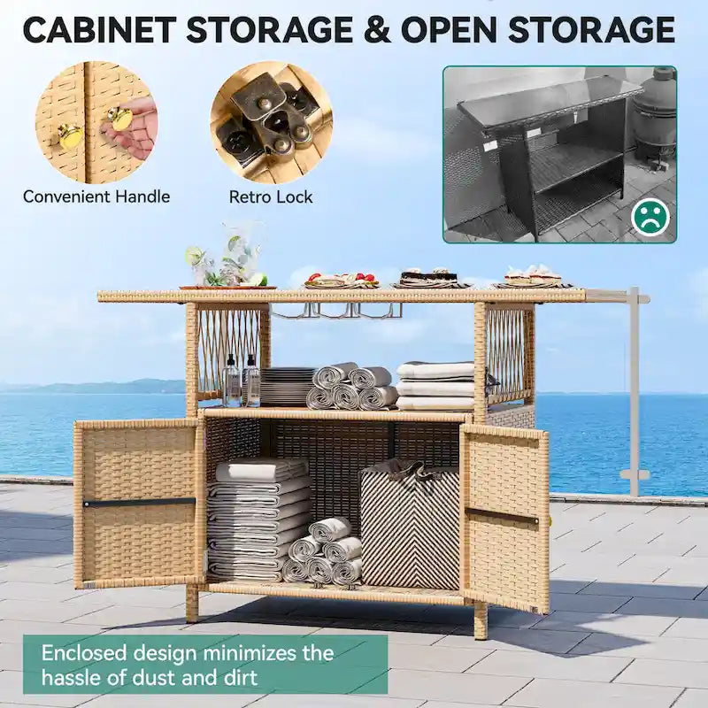 Moasis Outdoor Storage Cabinet Patio Wicker Bar Counter Backyard Furniture w/Plastic Wood Tabletop - 50.4L x20.9W x 33.9H
