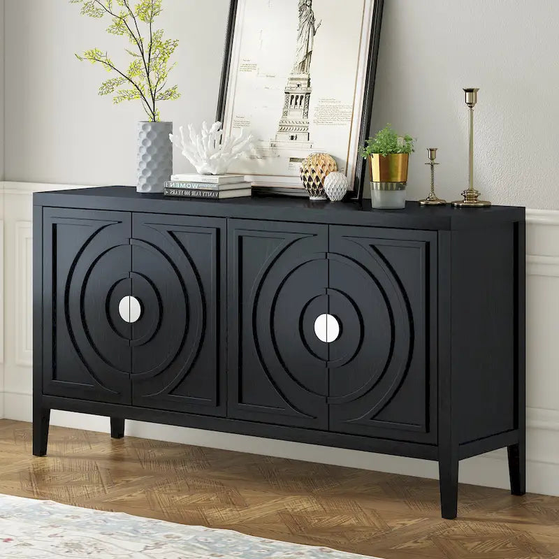 Retro Sideboard with Circular Groove Design Metal Handle