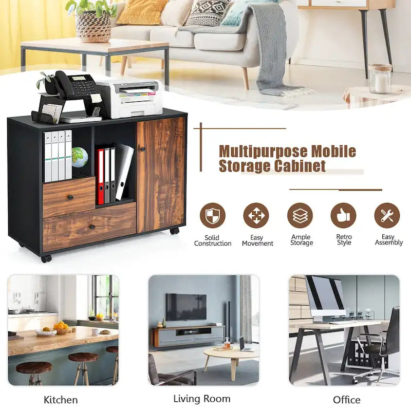Wood Mobile Filing Cabinet Large Storage Cabinet Printer Stand