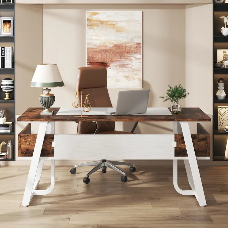 63 inch Large Executive Desk Office Desk with Storage Shelf for Home Office, Rustic Brown Black