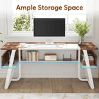 63 inch Large Executive Desk Office Desk with Storage Shelf for Home Office, Rustic Brown Black