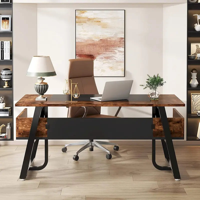 63 inch Large Executive Desk Office Desk with Storage Shelf for Home Office, Rustic Brown Black