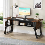 63 inch Large Executive Desk Office Desk with Storage Shelf for Home Office, Rustic Brown Black