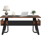 63 inch Large Executive Desk Office Desk with Storage Shelf for Home Office, Rustic Brown Black