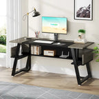 63 inch Large Executive Desk Office Desk with Storage Shelf for Home Office, Rustic Brown Black