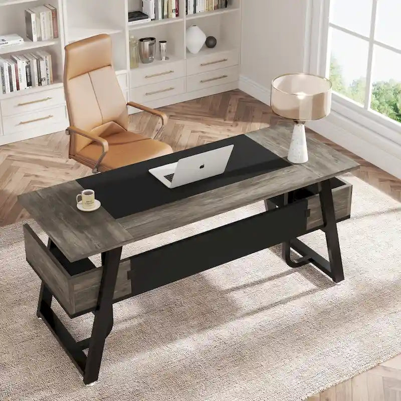 63 inch Large Executive Desk Office Desk with Storage Shelf for Home Office, Rustic Brown Black