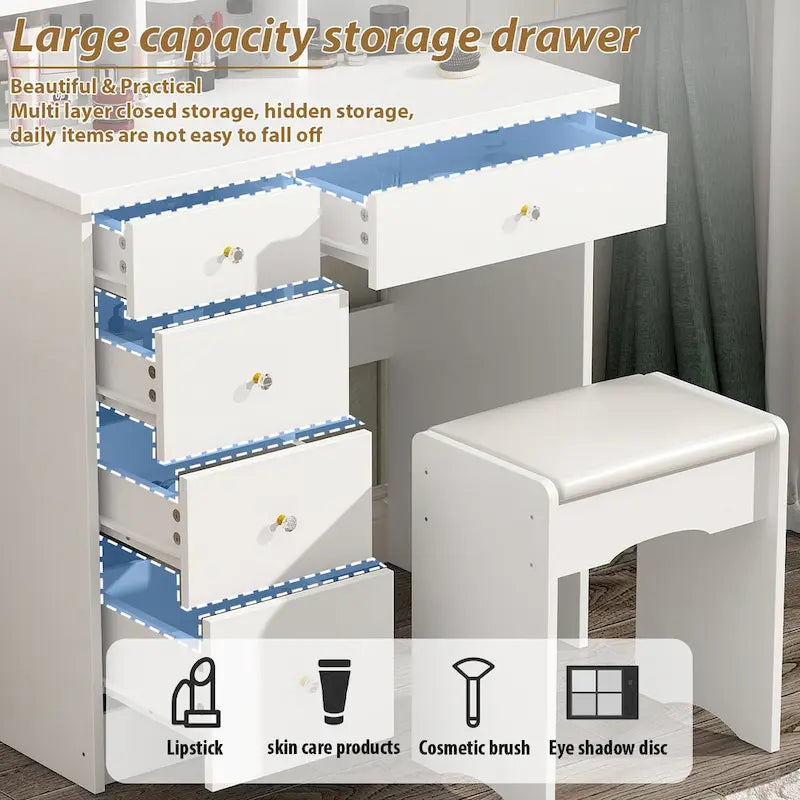 31.5 Wide Dresser Makeup Vanity With Stool and Touching Light Mirror - 31.5W