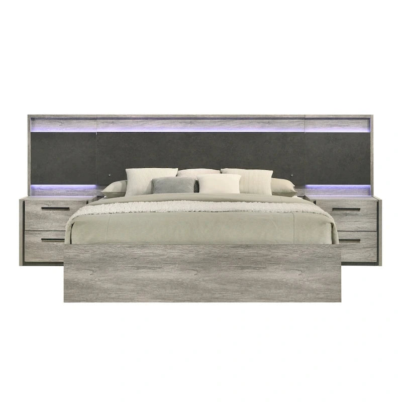 Roundhill Furniture Lenca LED Wallbed with Nightstands, Dresser, and Mirror - Weathered Gray