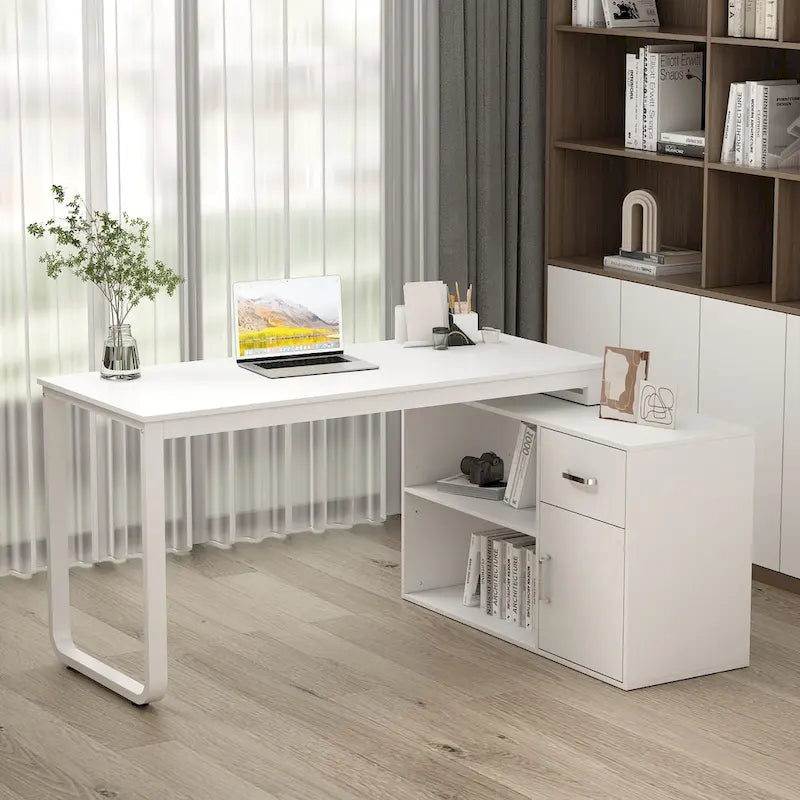 Timechee 55-inch L Shaped Office Computer Desk w/ Drawers Cabinet, White