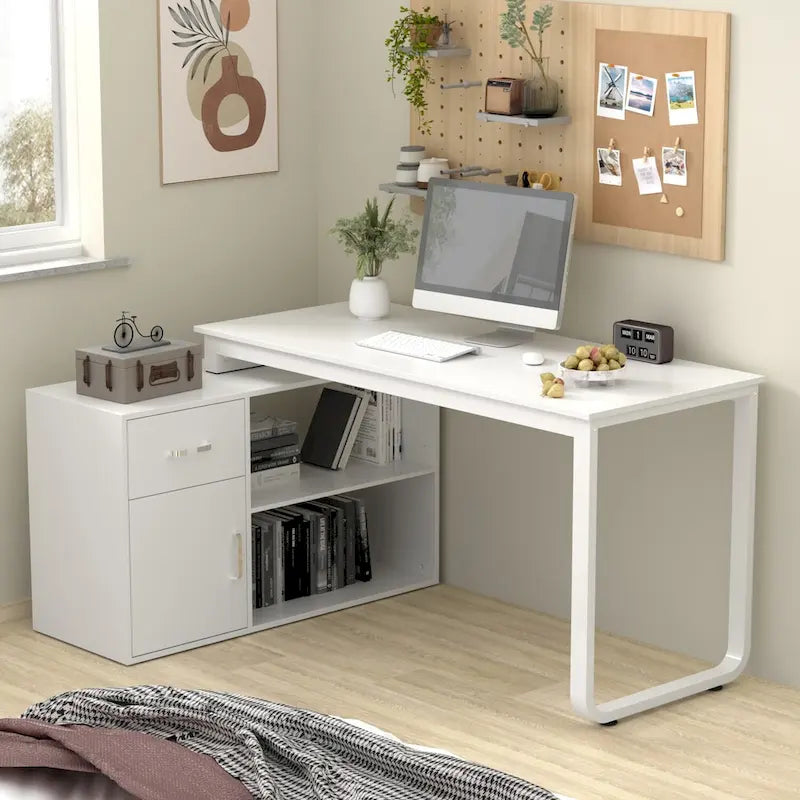 Timechee 55-inch L Shaped Office Computer Desk w/ Drawers Cabinet, White