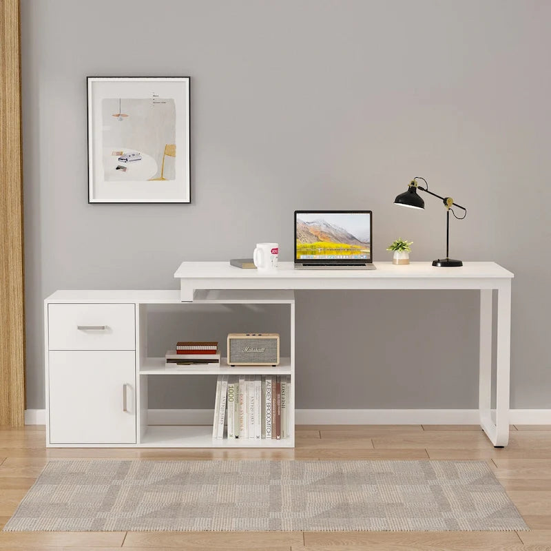 Timechee 55-inch L Shaped Office Computer Desk w/ Drawers Cabinet, White