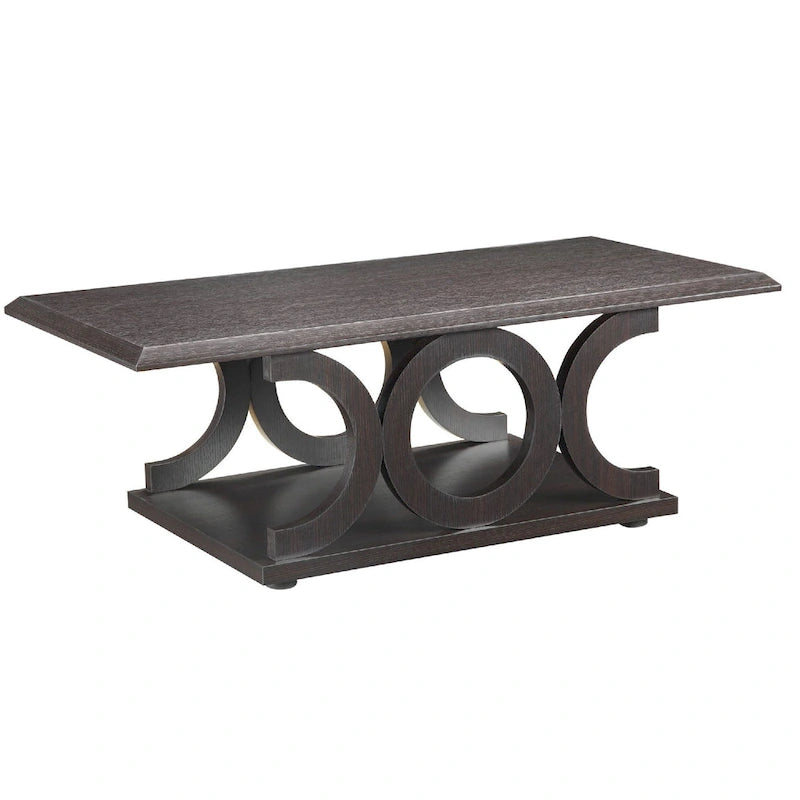 Contemporary Style C-Shaped Coffee Table With Open Shelf, Espresso Brown