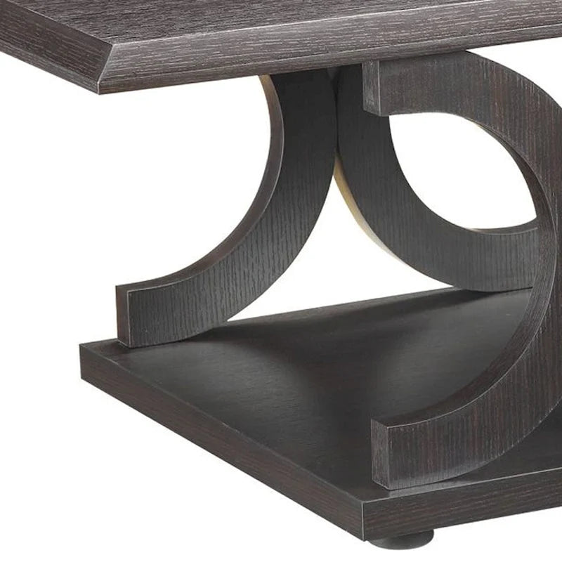 Contemporary Style C-Shaped Coffee Table With Open Shelf, Espresso Brown