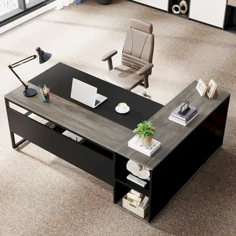 71 inch L Shaped Executive Desk with Cabinet