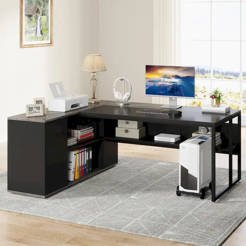71 inch L Shaped Executive Desk with Cabinet