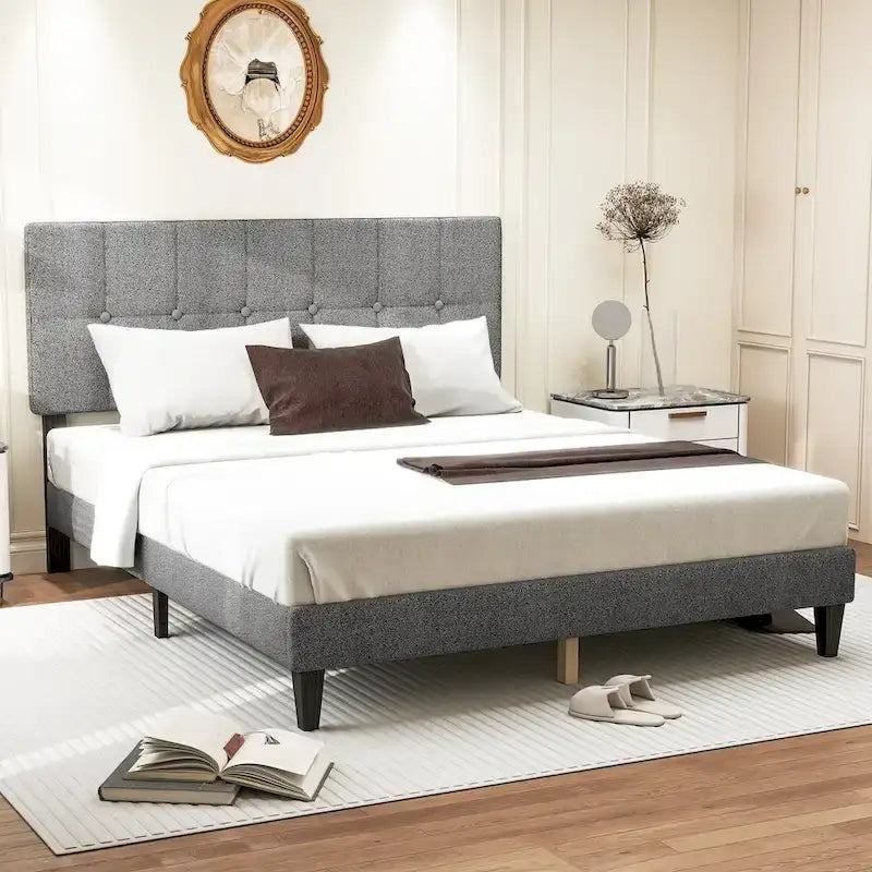 Full Bed Frame with Adjustable Headboard, No Box Spring Needed, Linen Upholstered Platform Bed Frame with Wood Slats Support