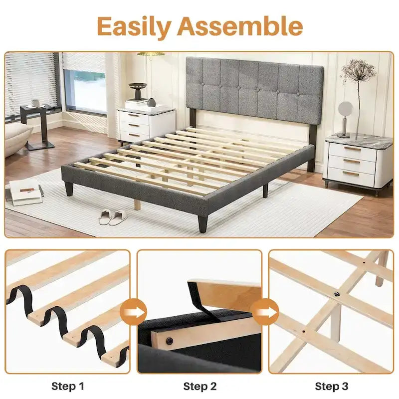 Full Bed Frame with Adjustable Headboard, No Box Spring Needed, Linen Upholstered Platform Bed Frame with Wood Slats Support