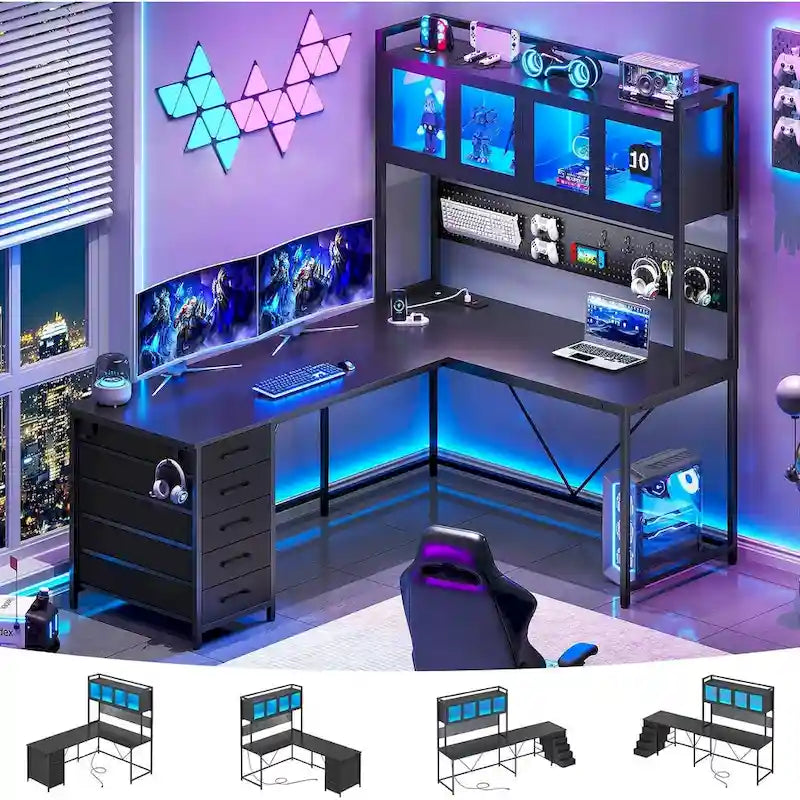 L Shaped Gaming Desk Computer Desk Pegboard 5 Drawers Storage Shelf