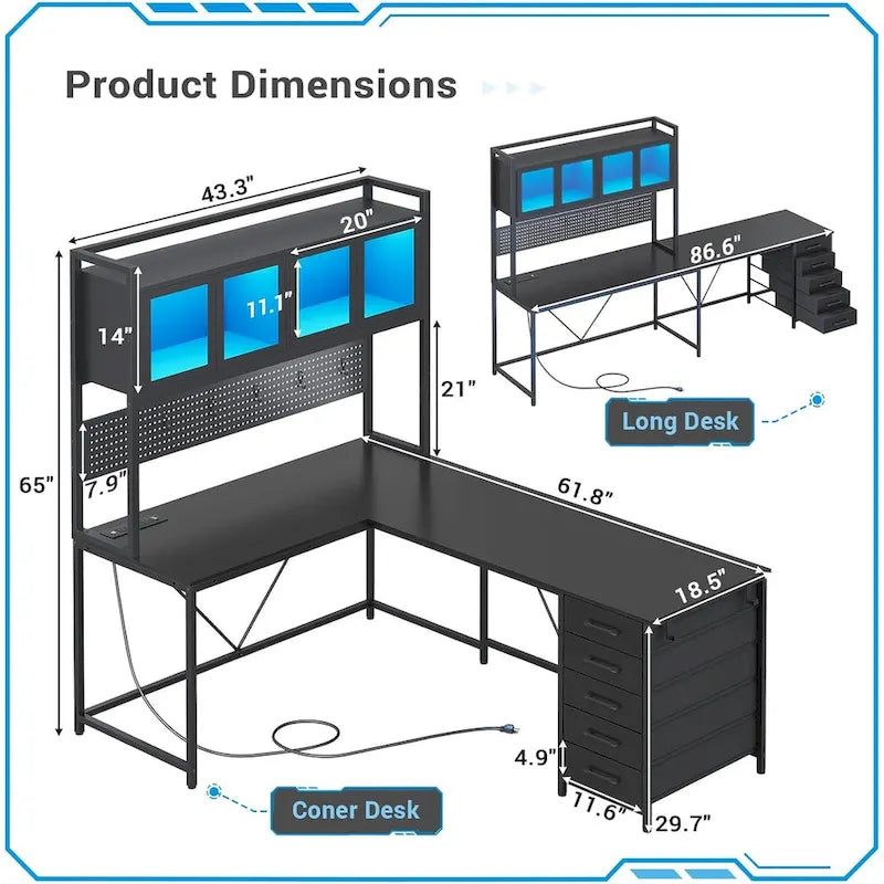 L Shaped Gaming Desk Computer Desk Pegboard 5 Drawers Storage Shelf