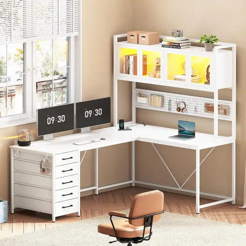 L Shaped Gaming Desk Computer Desk Pegboard 5 Drawers Storage Shelf