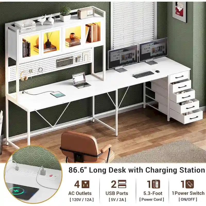 L Shaped Gaming Desk Computer Desk Pegboard 5 Drawers Storage Shelf