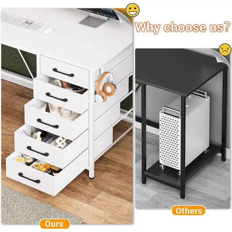 L Shaped Gaming Desk Computer Desk Pegboard 5 Drawers Storage Shelf