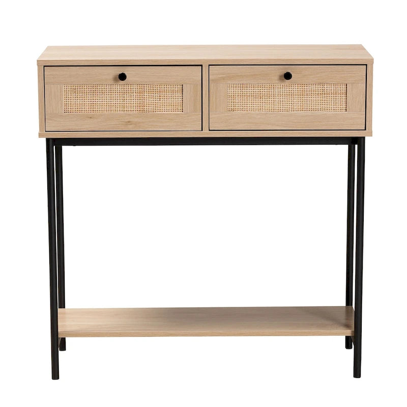 Sherwin Mid-Century Modern Light Brown and Black 2-Drawer Console Table with Woven Rattan Accent