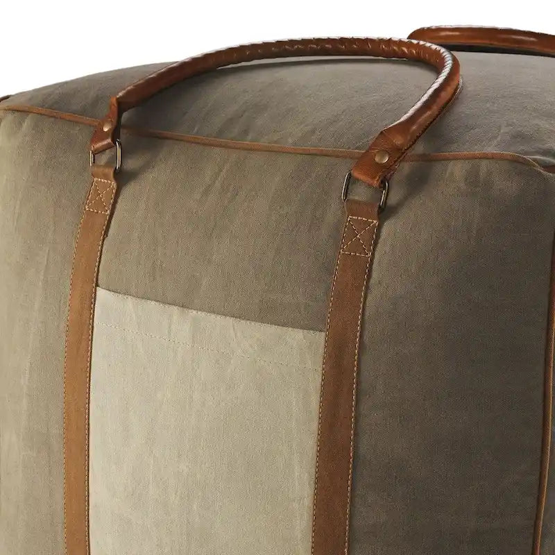 20 Gray Ivory Faux Leather Handmade Square Pouf Ottoman With Handles