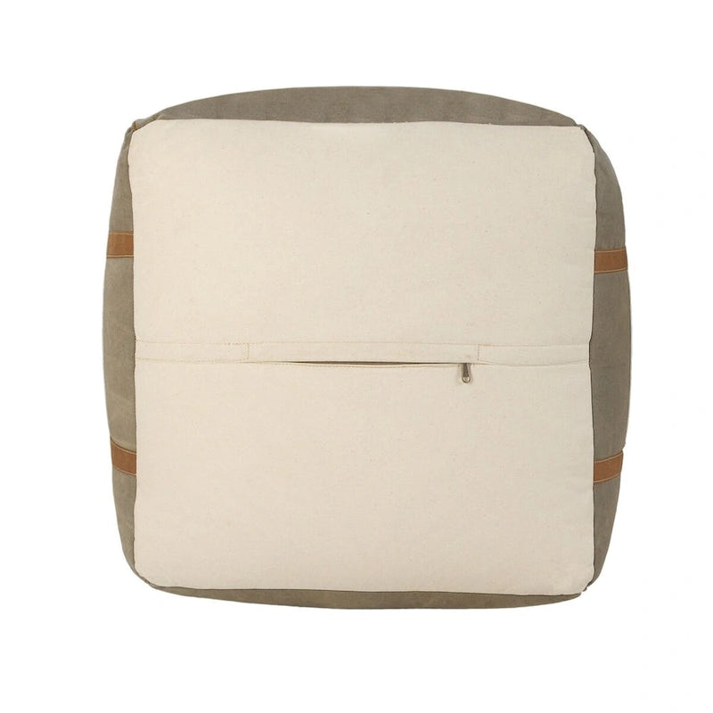 20 Gray Ivory Faux Leather Handmade Square Pouf Ottoman With Handles