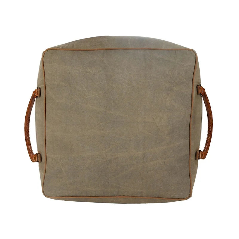 20 Gray Ivory Faux Leather Handmade Square Pouf Ottoman With Handles